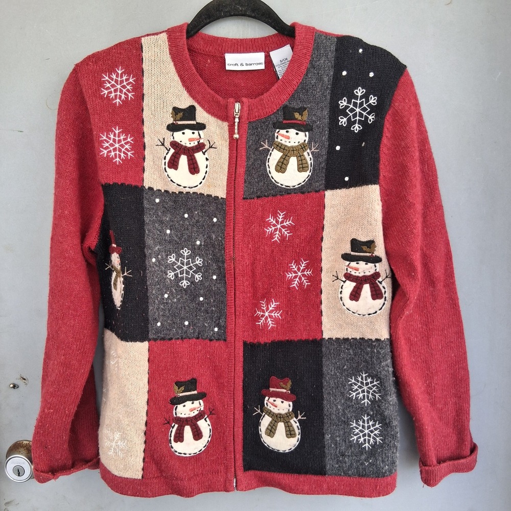 Christmas Cardigan Sweater Red Snowman Patchwork Cozy Grandma Grannycore S